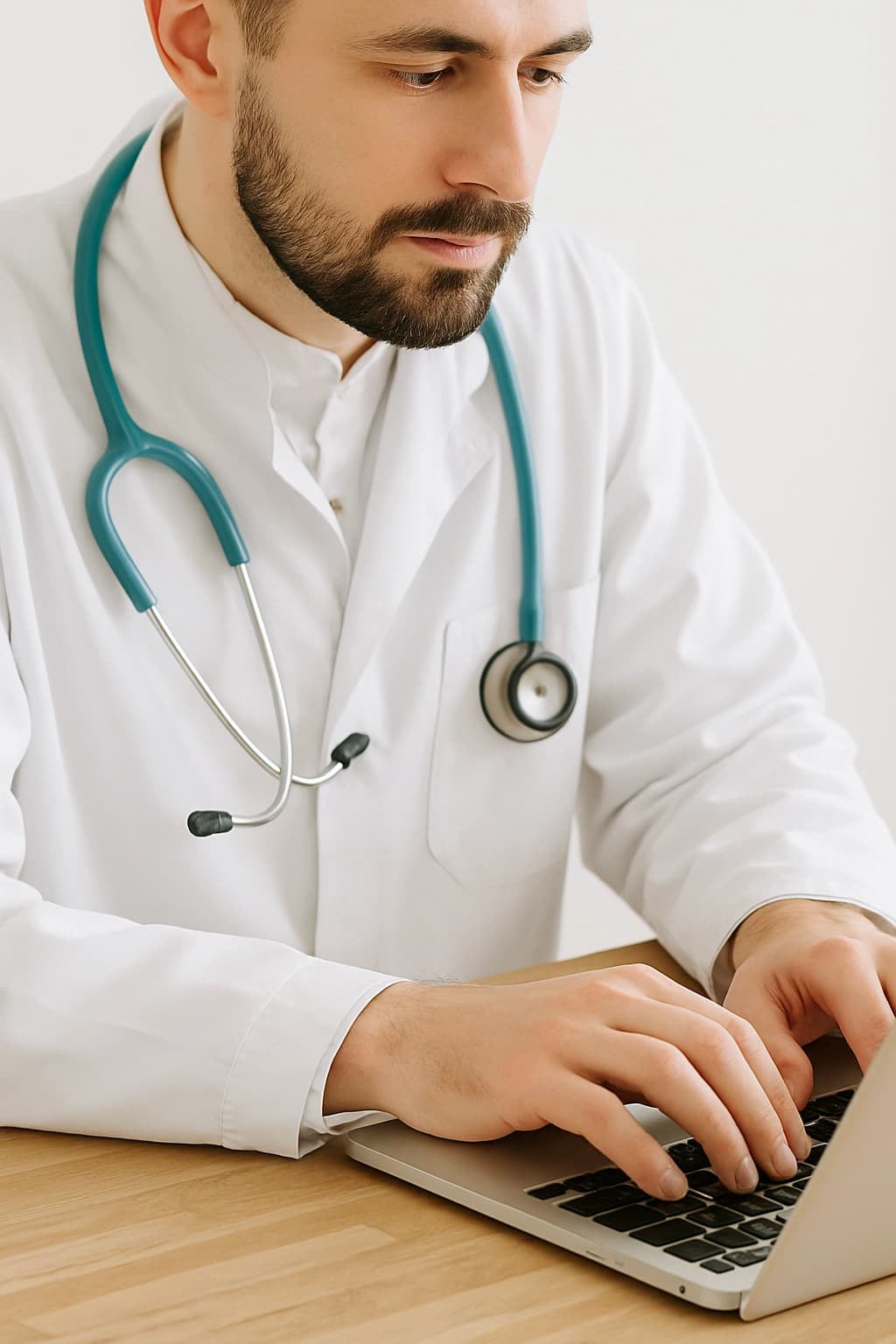 Medico usando una computadora representando el inicio de AV Medicina Virtual